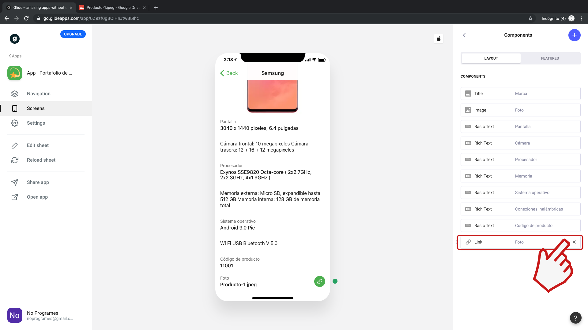 Cómo crear una aplicación de portafolio de productos para dispositivos móviles usando Glide - Paso 12.1