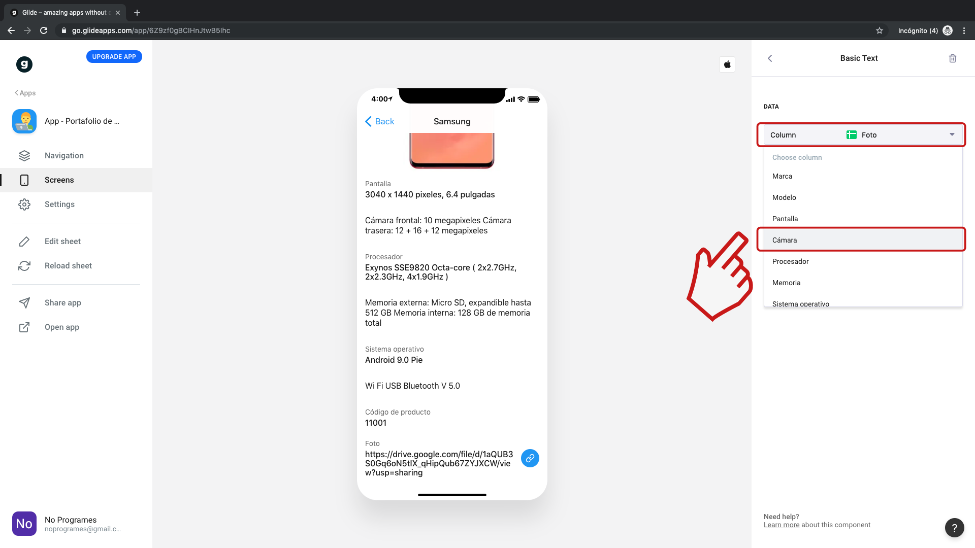 Cómo crear una aplicación de portafolio de productos para dispositivos móviles usando Glide - Paso 12.5
