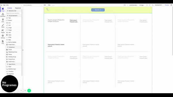Cómo crear un marketplace como MercadoLibre sin programar usando Bubble. Agregar contenido a la página de producto. Clic en logo del header 1