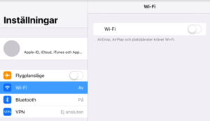 Inside settings on an iPad.  Make sure that Airplane Mode is not enabled, that Wi-Fi is enabled, and that it is connected to the correct network.