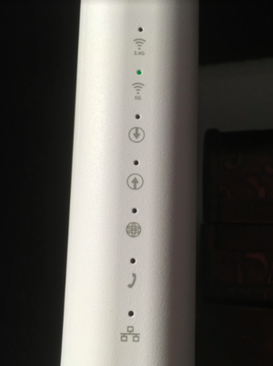 Examples of how it can shine on a modem with built-in router.  In this case, only Wi-Fi is on.  But as you look at the up and down arrow, no information goes in or out.  And no connection to the internet because the globe symbol is also off.