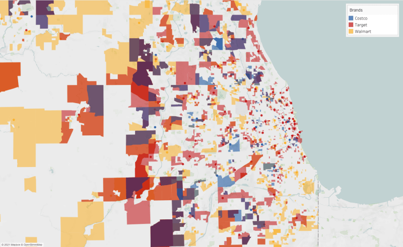 Map showing service areas of competing superstore chains