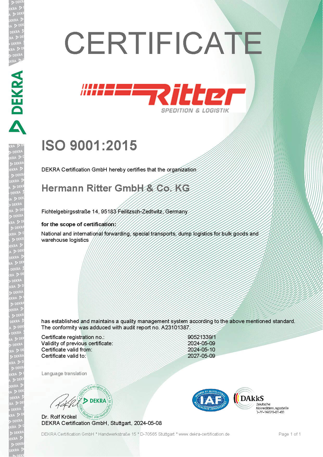 Zertifikat der ISO 9001:2015 für Hermann Ritter GmbH & Co. KG mit Logos von DEKRA, IAF und DAkkS und Unterschrift von Dr. Rolf Krätzel.