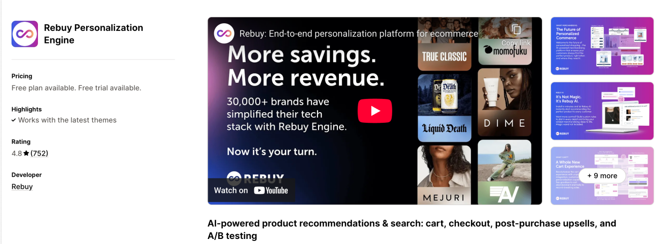 Rebuy AI uses AI to boost Shopify sales with personalized upsells and cross-sells.