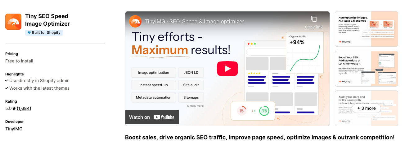 Tiny SEO by TinyIMG compresses images, adds SEO-friendly metadata, and boosts site speed for faster, more discoverable Shopify stores.