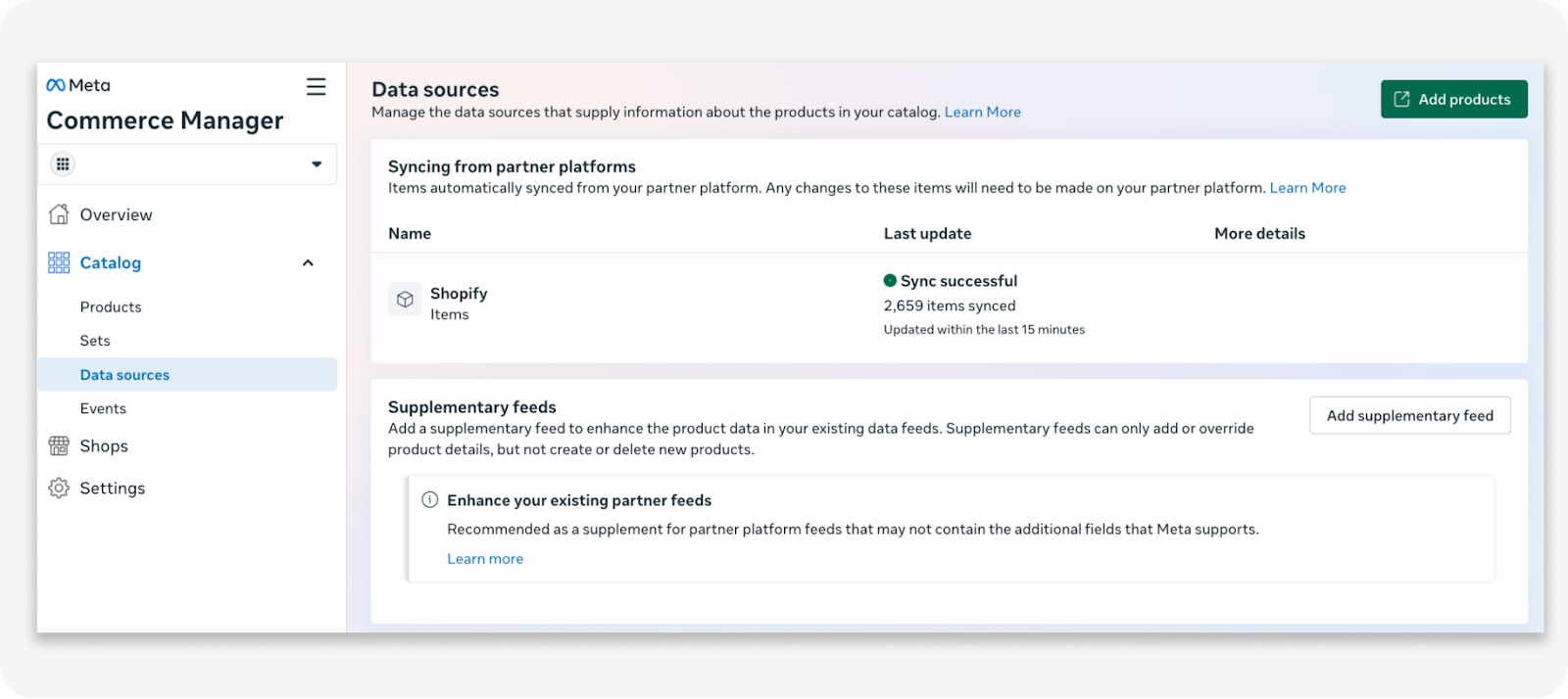 A look at Shopify’s native catalog integration to a catalog within Meta’s Commerce Manager.