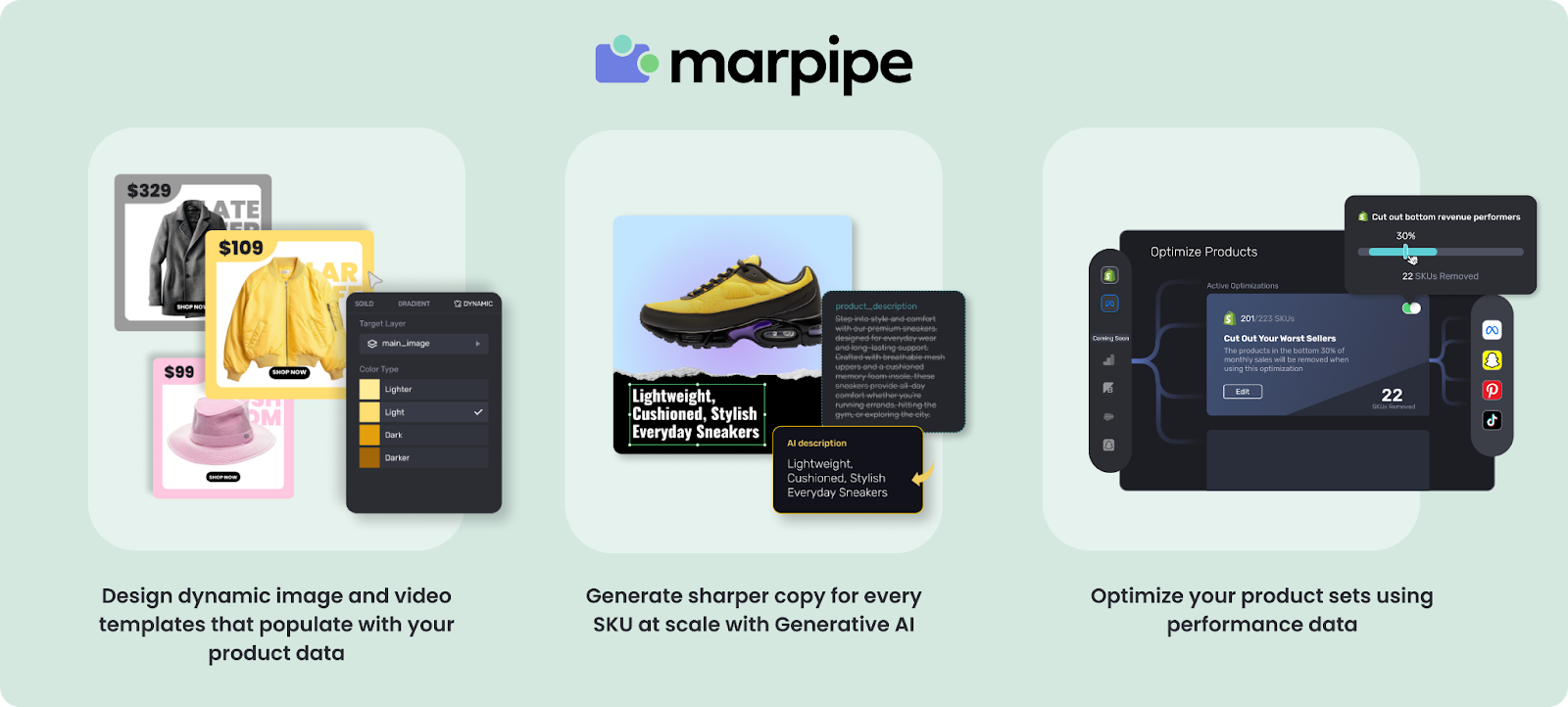 With Marpipe, you can auto-generate scroll-stopping creatives at scale using real-time feed data