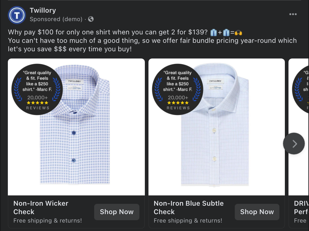 An example of a carousel ad by Twillory on Meta