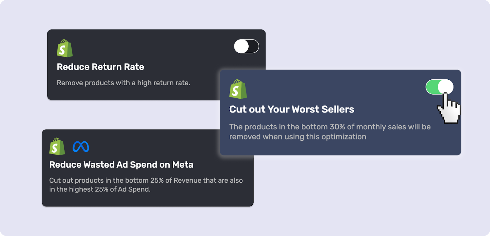 Reduce returns, wasted spend, and underperformers with Marpipe’s optimization features.