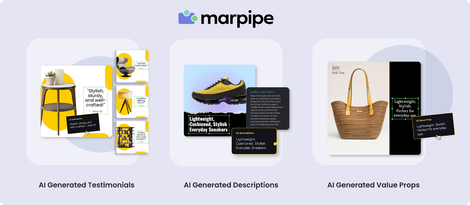 Marpipe’s generative AI helps marketers create data-driven copy, value propositions, and testimonials for each SKU.