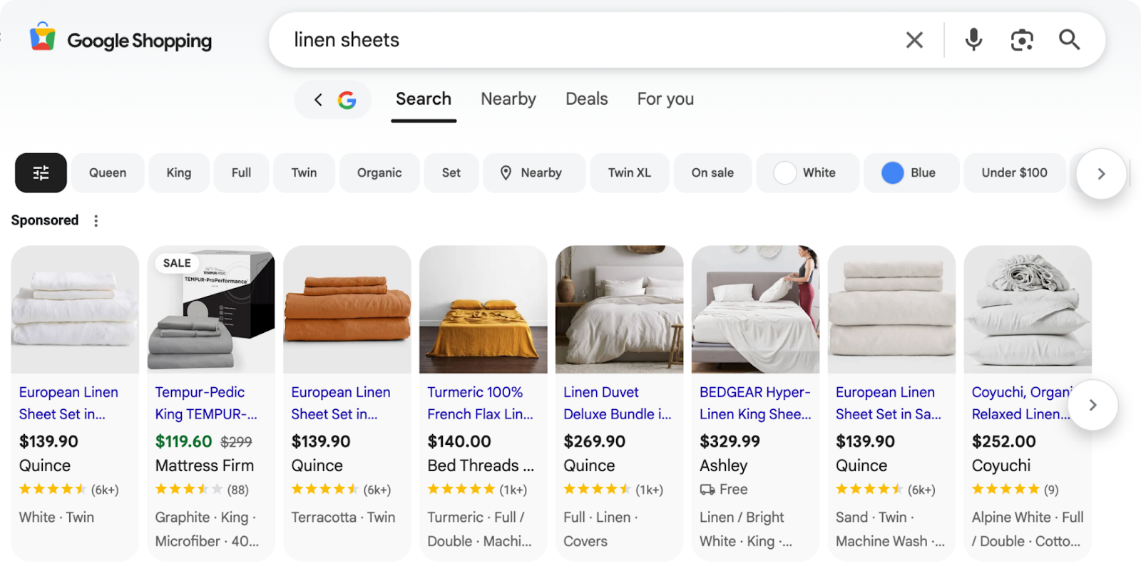 An example of Google Shopping product cards showing price, ratings, and availability in search results.