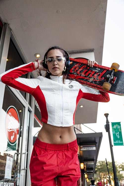 woman in athleisure apparel red and white