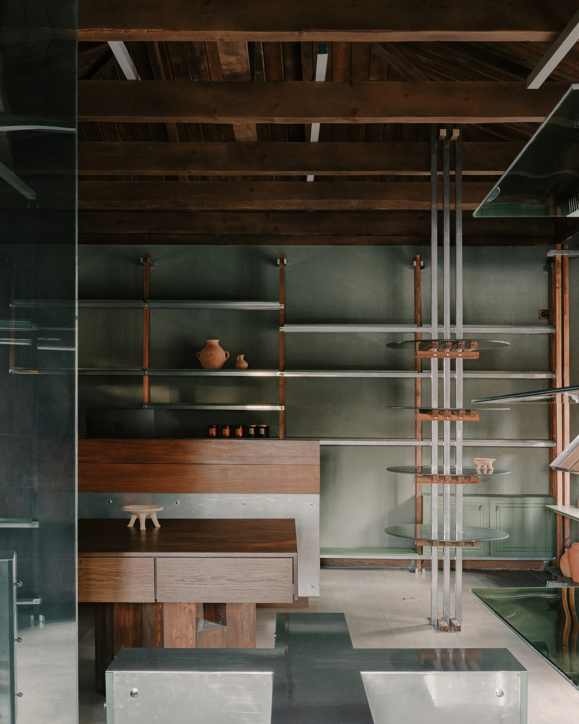 Lopota Gift Shop green glass interior by Studio Gypsandconcrete in Georgia, craft, store