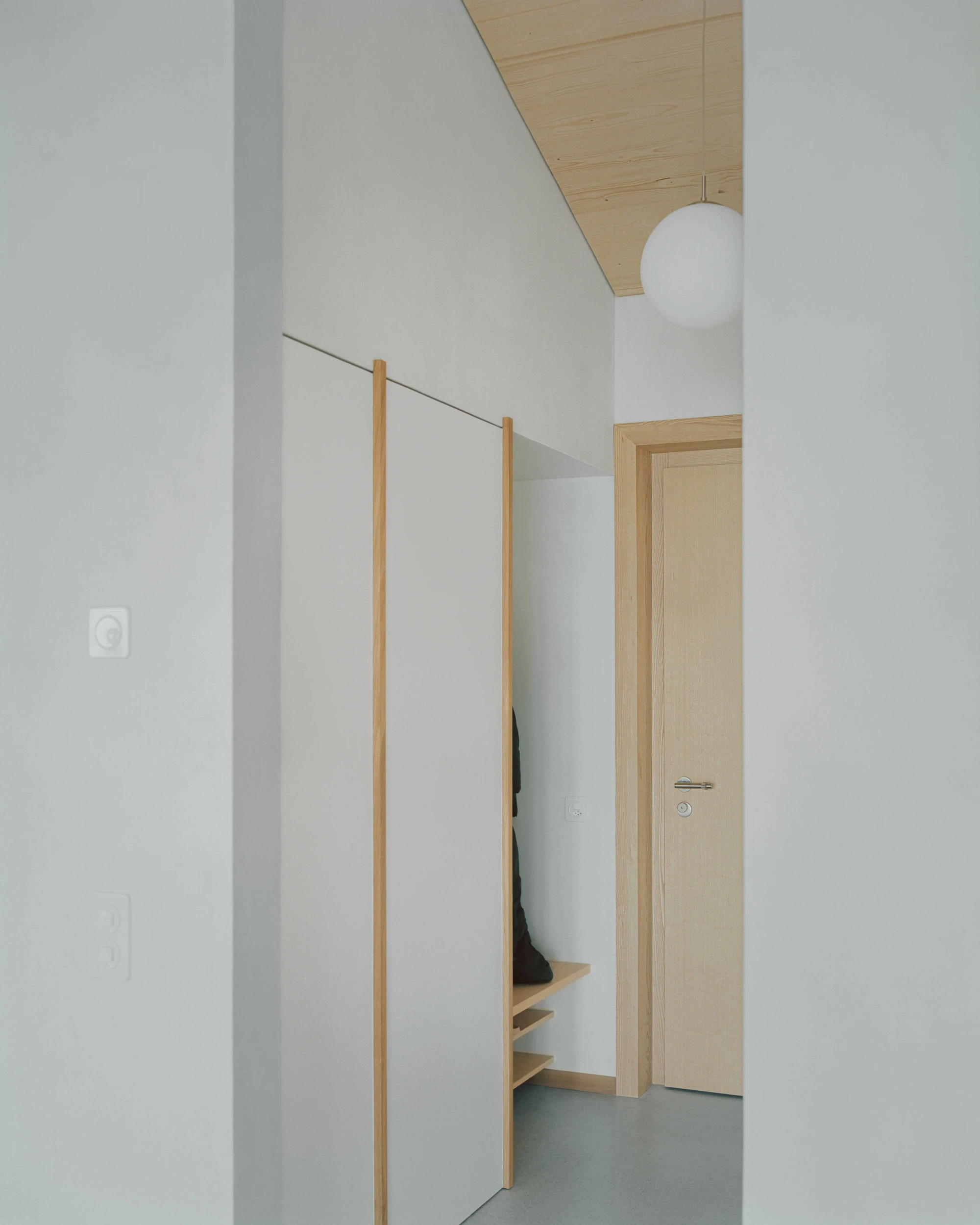 Modest white single-story villa with dark tile roof framed by bare winter trees in morning fog, autumn leaves scattered across a green lawn in the Swiss Jura foothills, Family Villa by Noue Studio, interior design