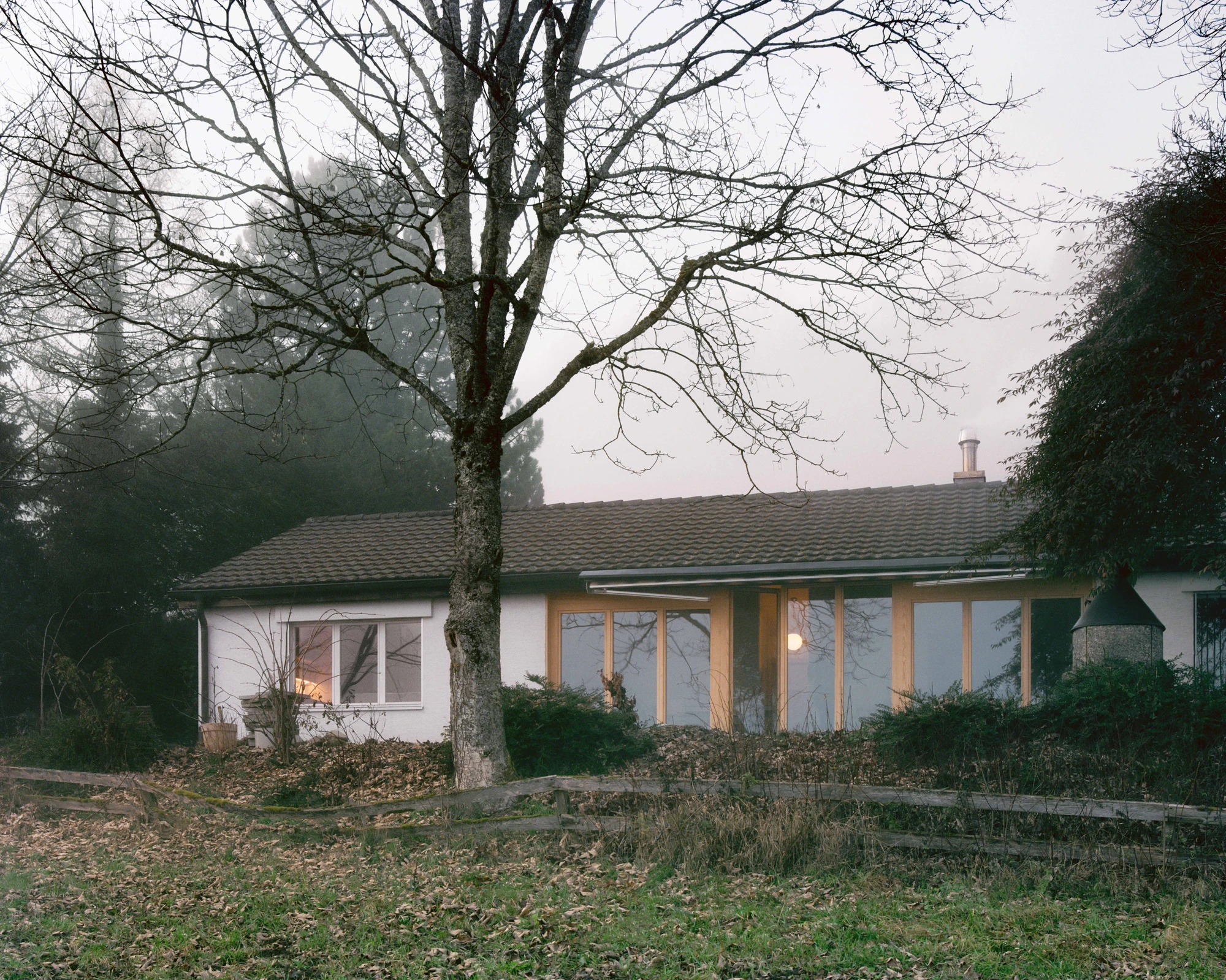 Modest white single-story villa with dark tile roof framed by bare winter trees in morning fog, autumn leaves scattered across a green lawn in the Swiss Jura foothills, Family Villa by Noue Studio, interior design