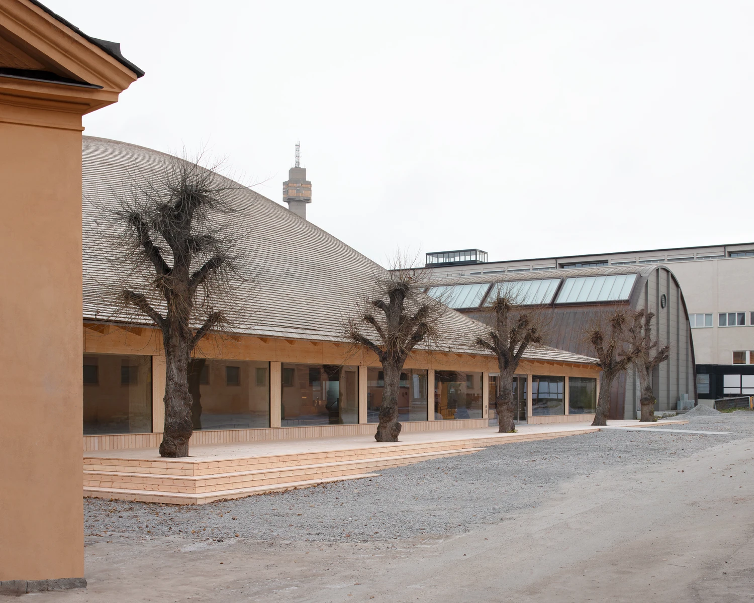 Wisdome Stockholm by Elding Oscarson at National Museum of Technology Sweden, timber dome extension with visualization sphere and exhibition hall, engineered wood construction by Blumer Lehmann