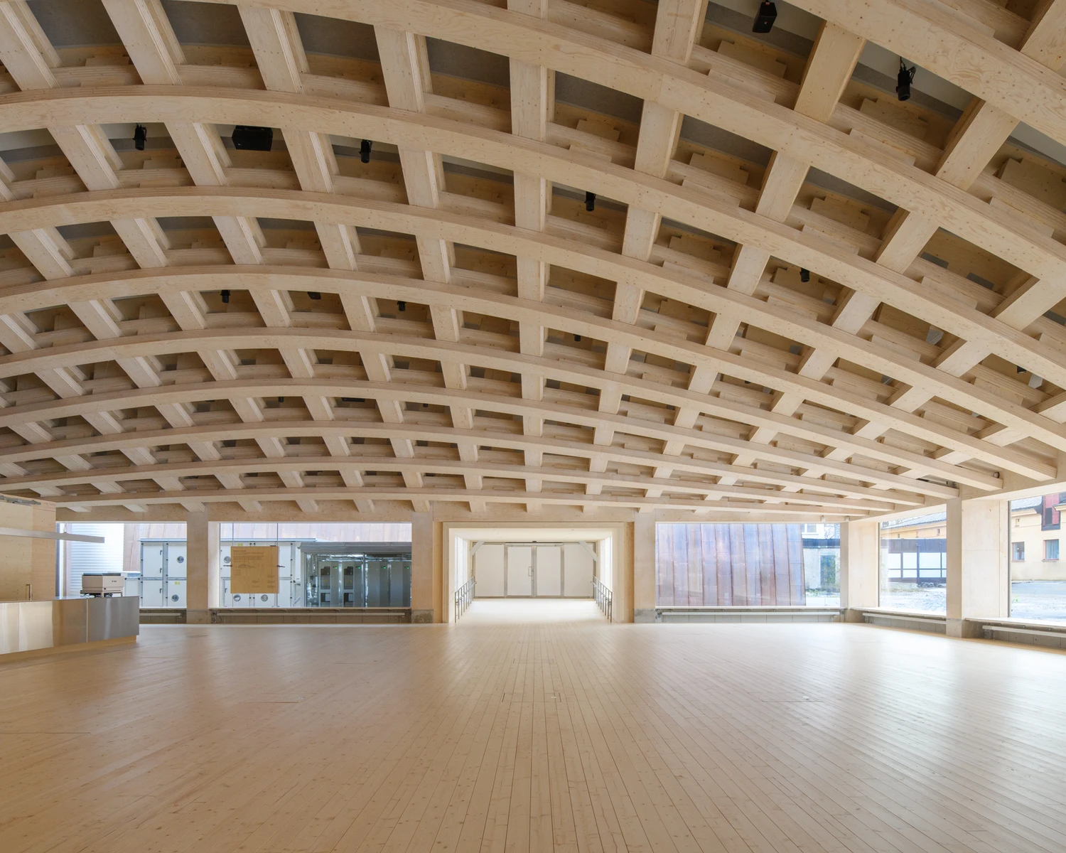 Wisdome Stockholm by Elding Oscarson at National Museum of Technology Sweden, timber dome extension with visualization sphere and exhibition hall, engineered wood construction by Blumer Lehmann