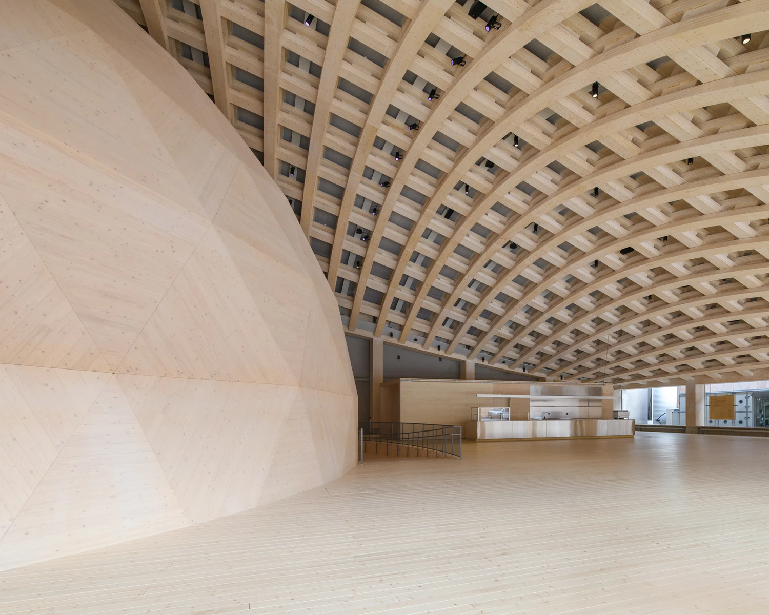 Wisdome Stockholm by Elding Oscarson at National Museum of Technology Sweden, timber dome extension with visualization sphere and exhibition hall, engineered wood construction by Blumer Lehmann