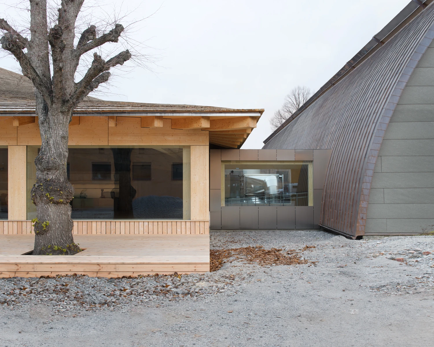 Wisdome Stockholm by Elding Oscarson at National Museum of Technology Sweden, timber dome extension with visualization sphere and exhibition hall, engineered wood construction by Blumer Lehmann