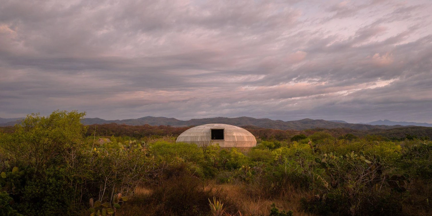Casa Wabi Mushroom Pavilion by OMA Shohei Shigematsu in Puerto Escondido Mexico, domed concrete pavilion for mushroom cultivation on Bosco Sodi art campus, architecture pavilion