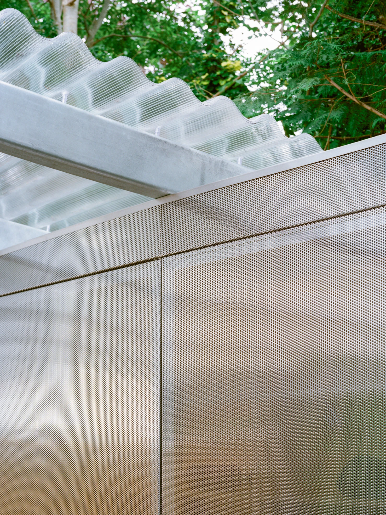 Exeter Road Pavilion by Neiheiser Argyros in London UK, adaptive reuse Victorian outbuilding with perforated stainless steel cabinet marble counterweight and Fischli Weiss inspired structural precarity