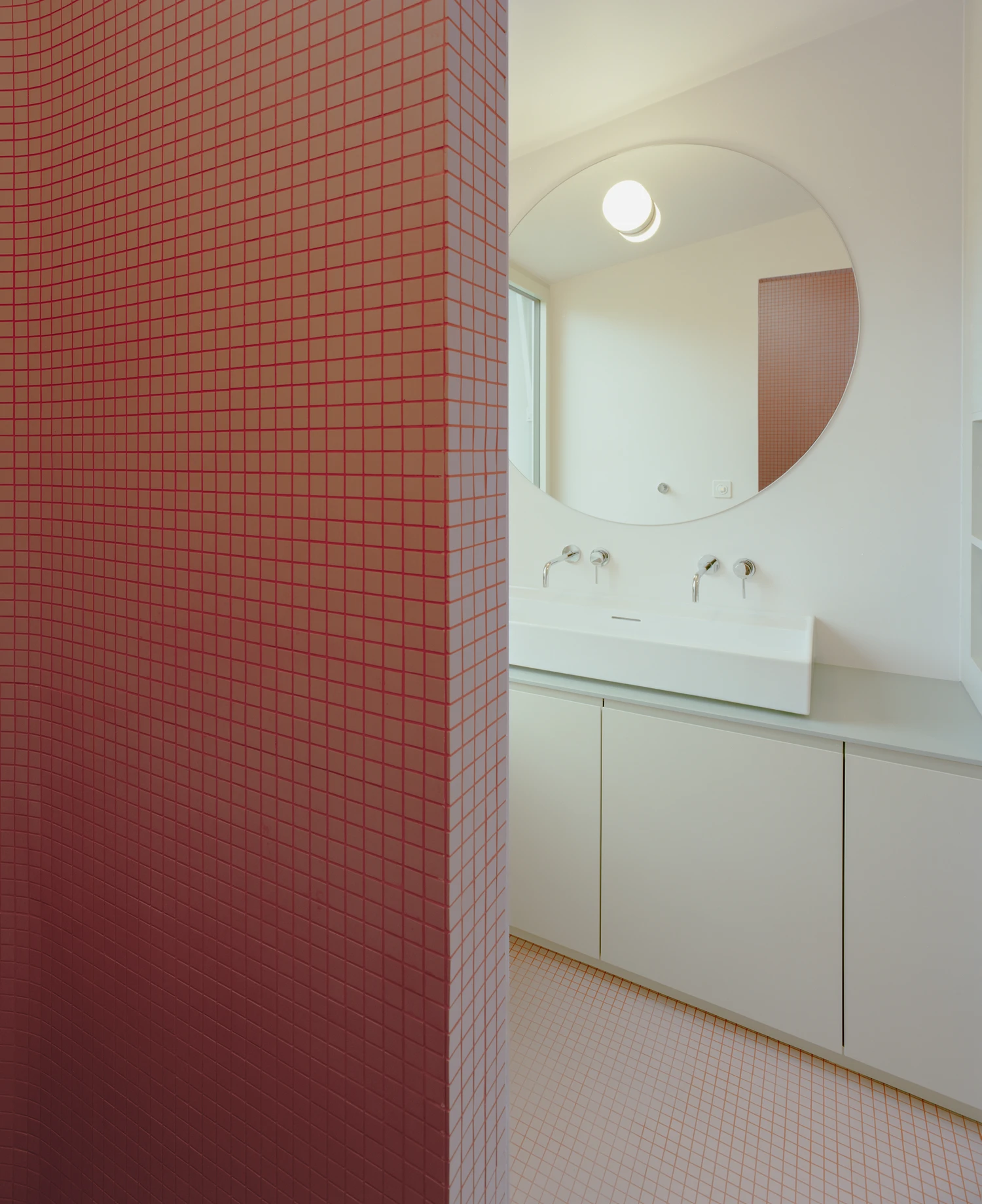 Kirschbaumweg renovation by Staehelin Meyer Architektur in Bottmingen Basel Switzerland, 1990s house with timber upper floor pink green colour scheme spiral staircase and lounger net