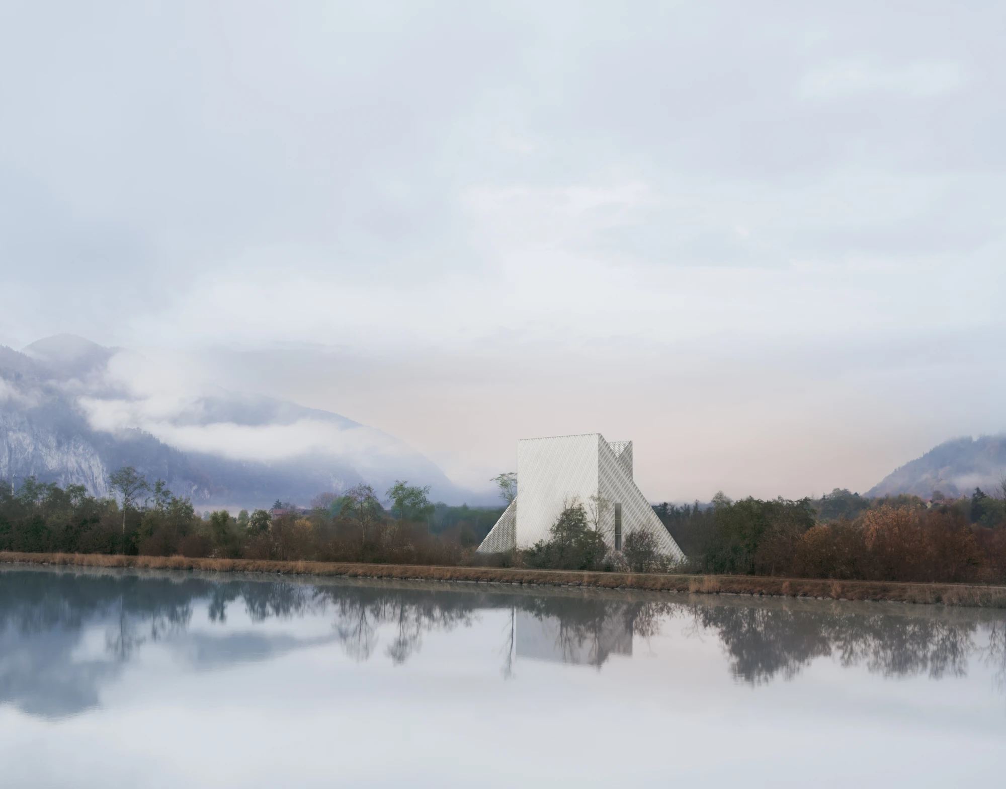 Dynafit Headquarters Speedfactory by Barozzi Veiga in Kiefersfelden Germany, twin pyramidal corporate building with diagonal metal lattice facade set against alpine landscape