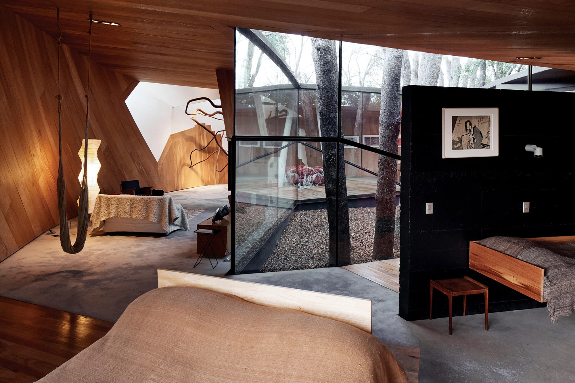 House for the Poem of the Right Angle by Smiljan Radić, Vilches, Chile, black concrete, cedar wood, rooflights, Le Corbusier