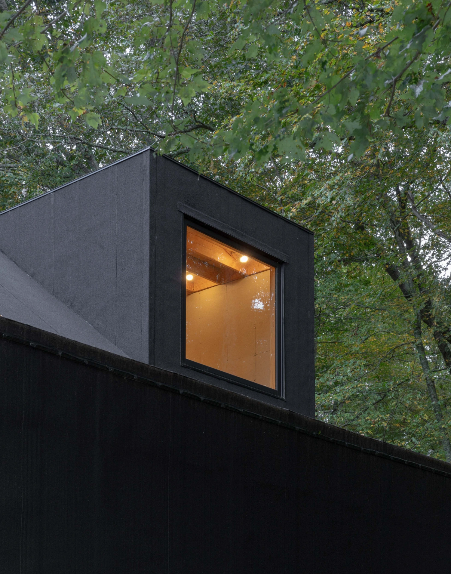 Studio Barn by Worrell Yeung — A black-clad volumetric addition projects from a timber structure, its cantilevered form punctuated by a large rectangular window revealing warm interior...