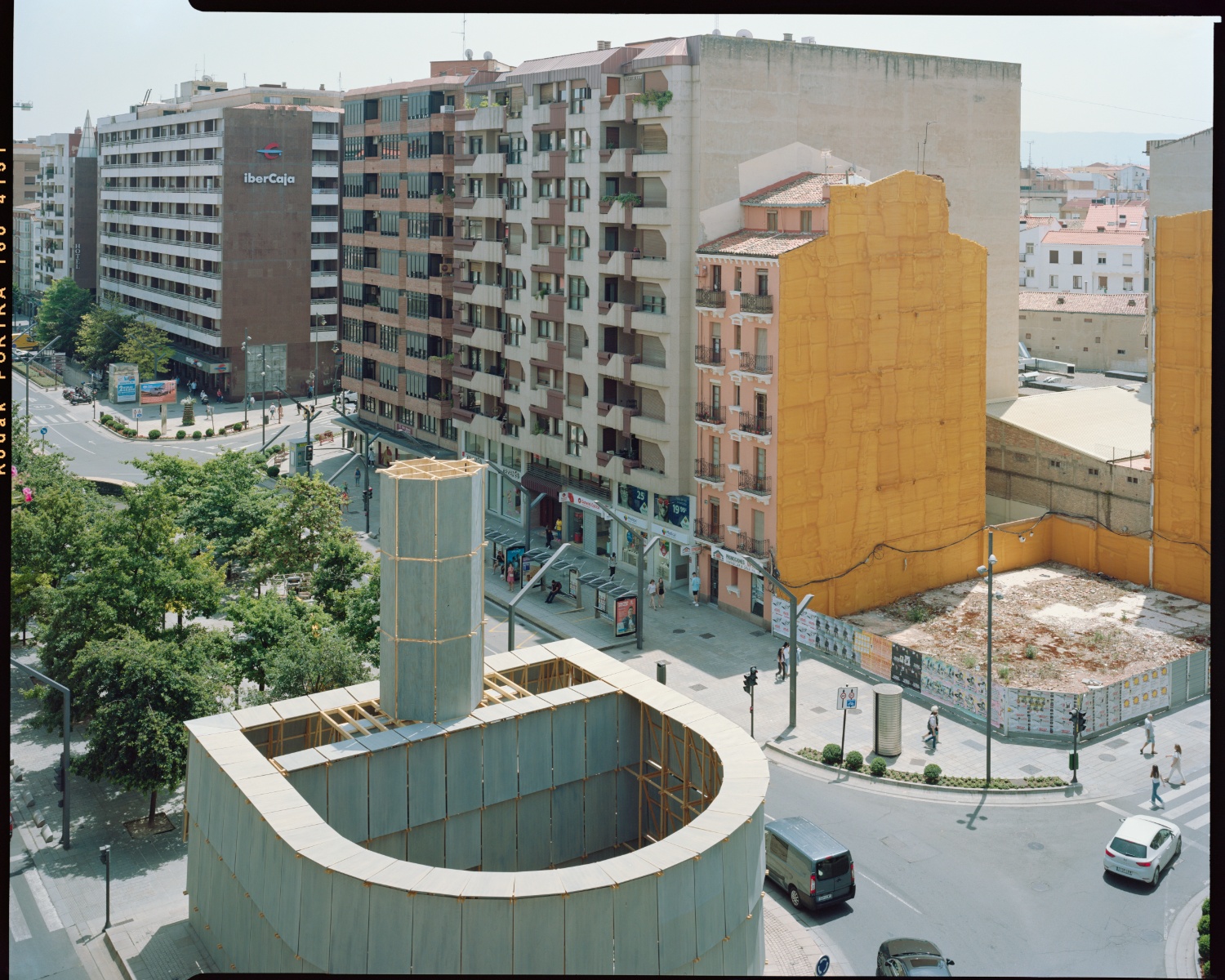 Round About Baths by Leopold Banchini — Aerial view of the Round About Baths installation occupying a roundabout in central Logroño.