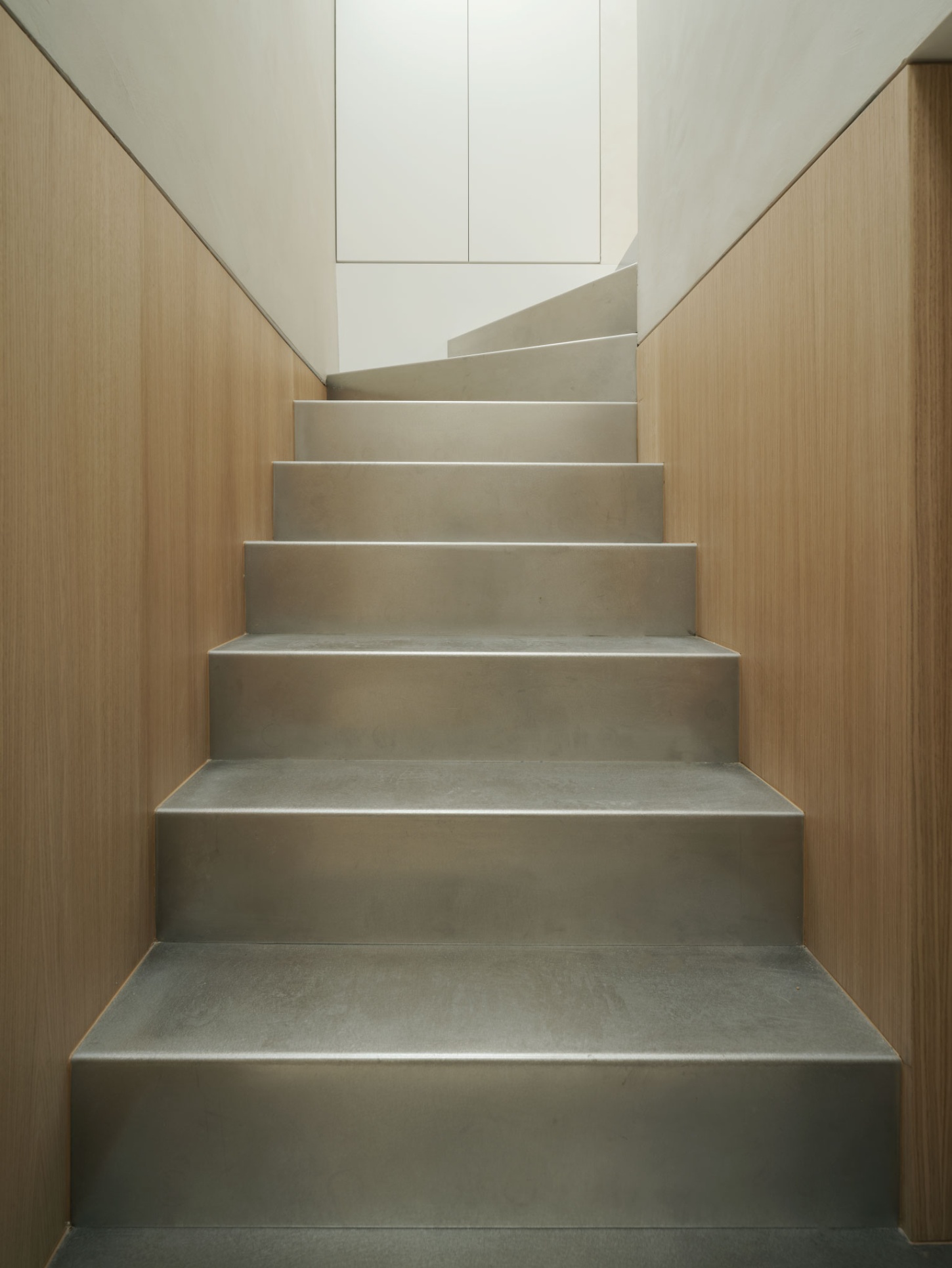 Casa SO by Studio DIIR — A monolithic concrete staircase ascends through a timber-framed passage, each step cantilevered and edged with crisp white lines.