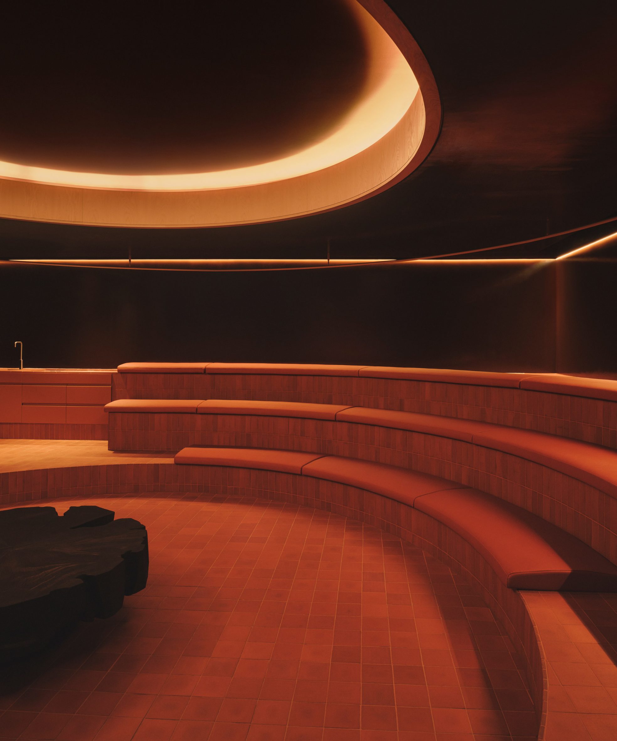 Arc Canary Wharf by Cake Architecture — A low-angle perspective captures the amphitheatre-style lounge at Arc Canary Wharf, revealing concentric curved bench tiers that descend toward a central void.
