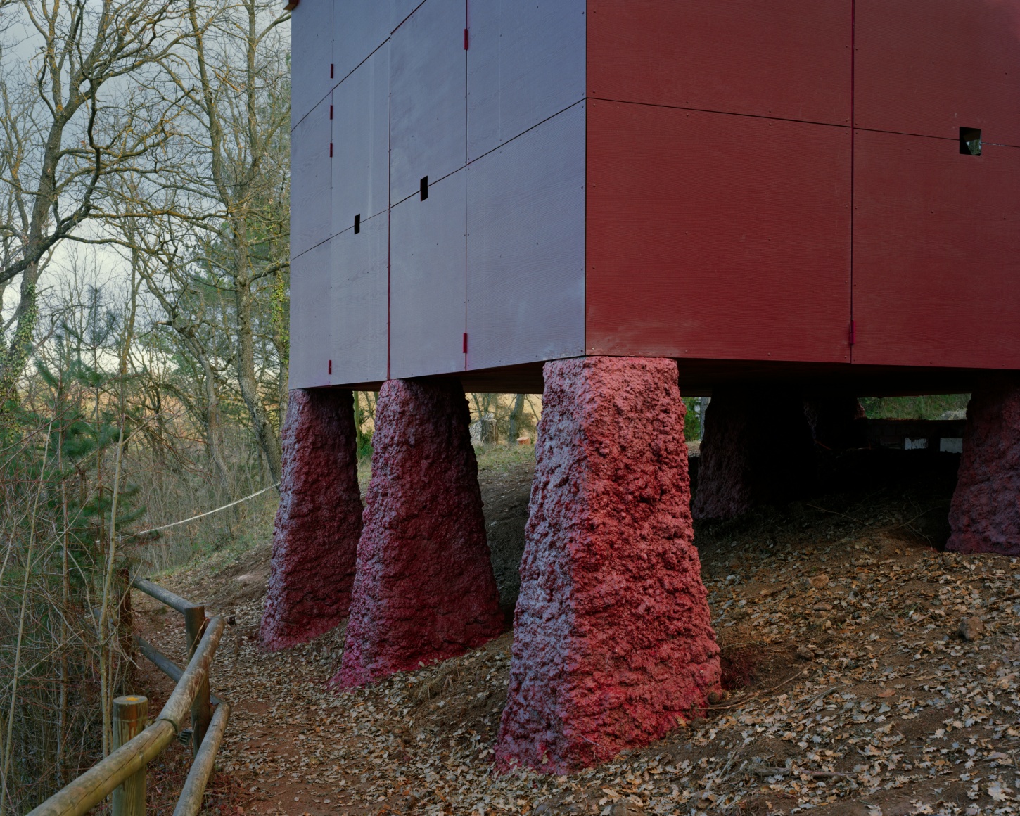 TEST perches prefab wooden house atop shotcrete pillars in barcelona woodlands spain