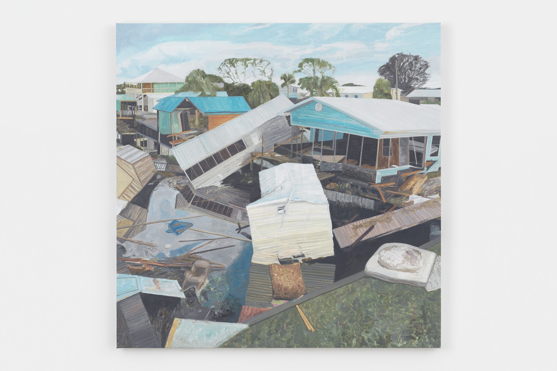 Mouthful of Dirty Copper by Rexy Tseng at Magenta Plains — Rexy Tseng's painting depicts a waterfront settlement viewed from above, with wooden boathouses and structures arranged around a central channel of dark water.