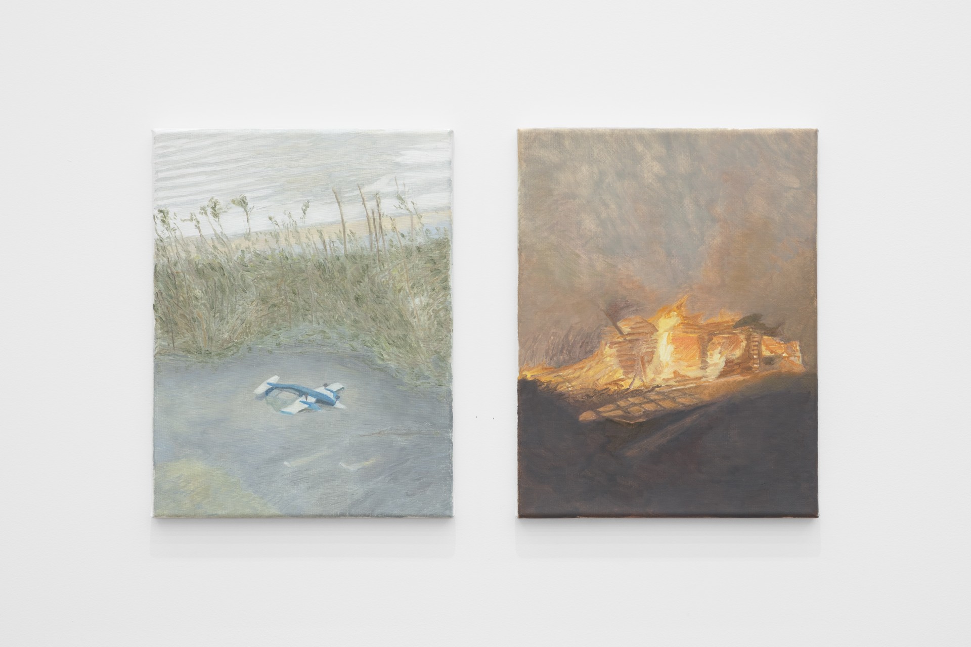 Mouthful of Dirty Copper by Rexy Tseng at Magenta Plains — Two paintings hung on white gallery walls present contrasting landscapes of collapse and transformation.