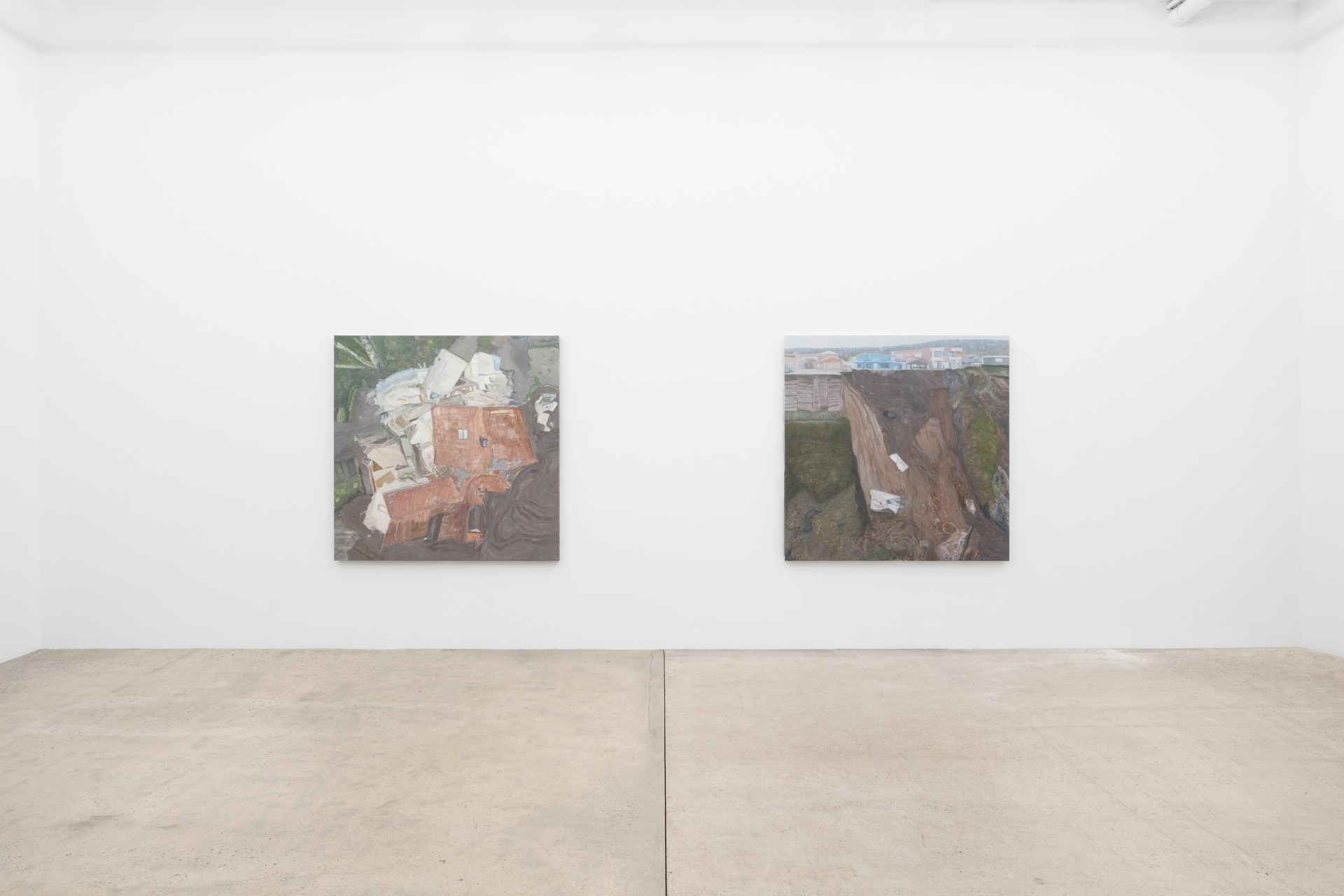 Mouthful of Dirty Copper by Rexy Tseng at Magenta Plains — Two paintings mounted on white walls frame an empty gallery space with polished concrete flooring bisected by a linear seam.