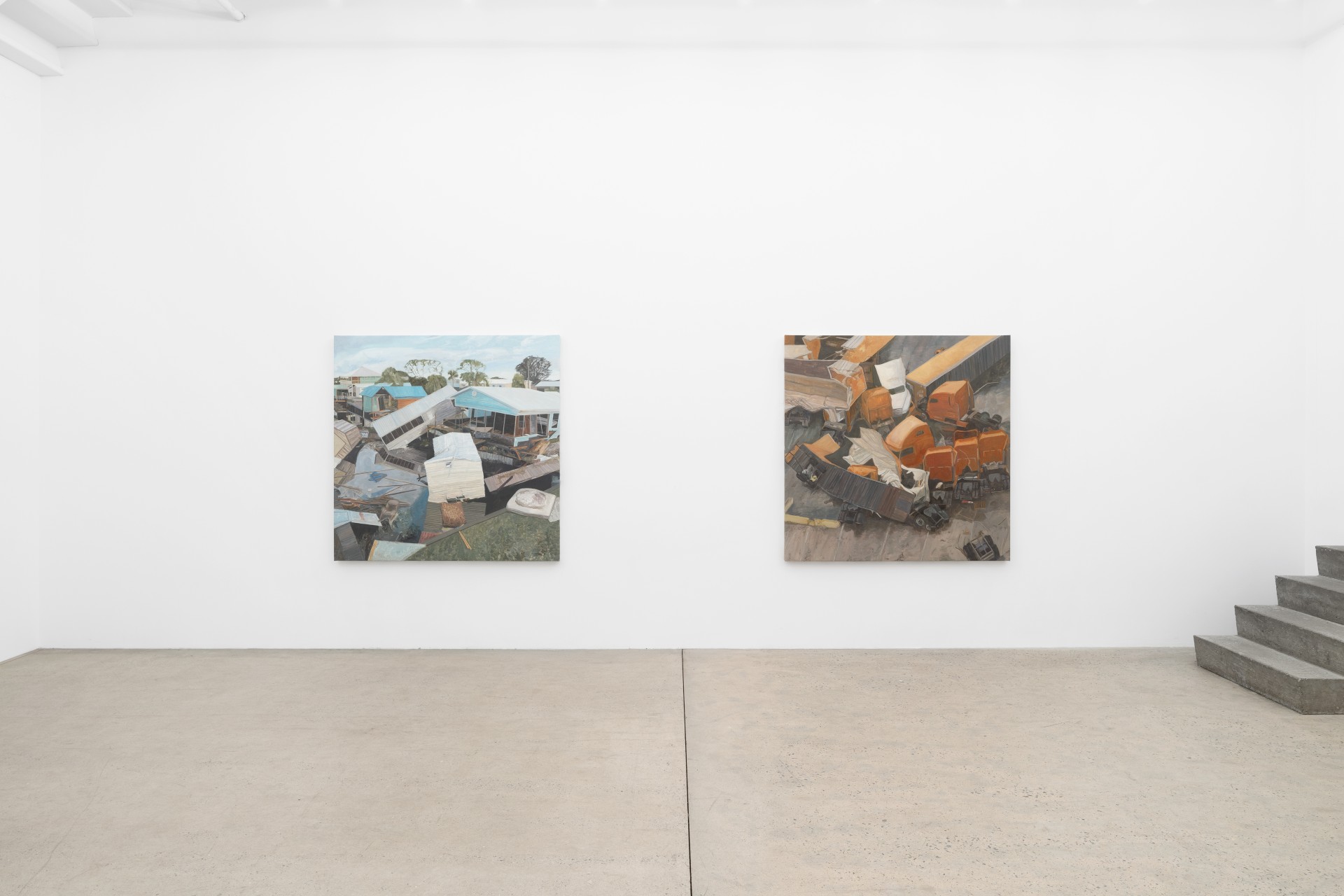 Mouthful of Dirty Copper by Rexy Tseng at Magenta Plains — Two large-scale paintings hang at asymmetric heights on a white gallery wall, separated by approximately eight feet.