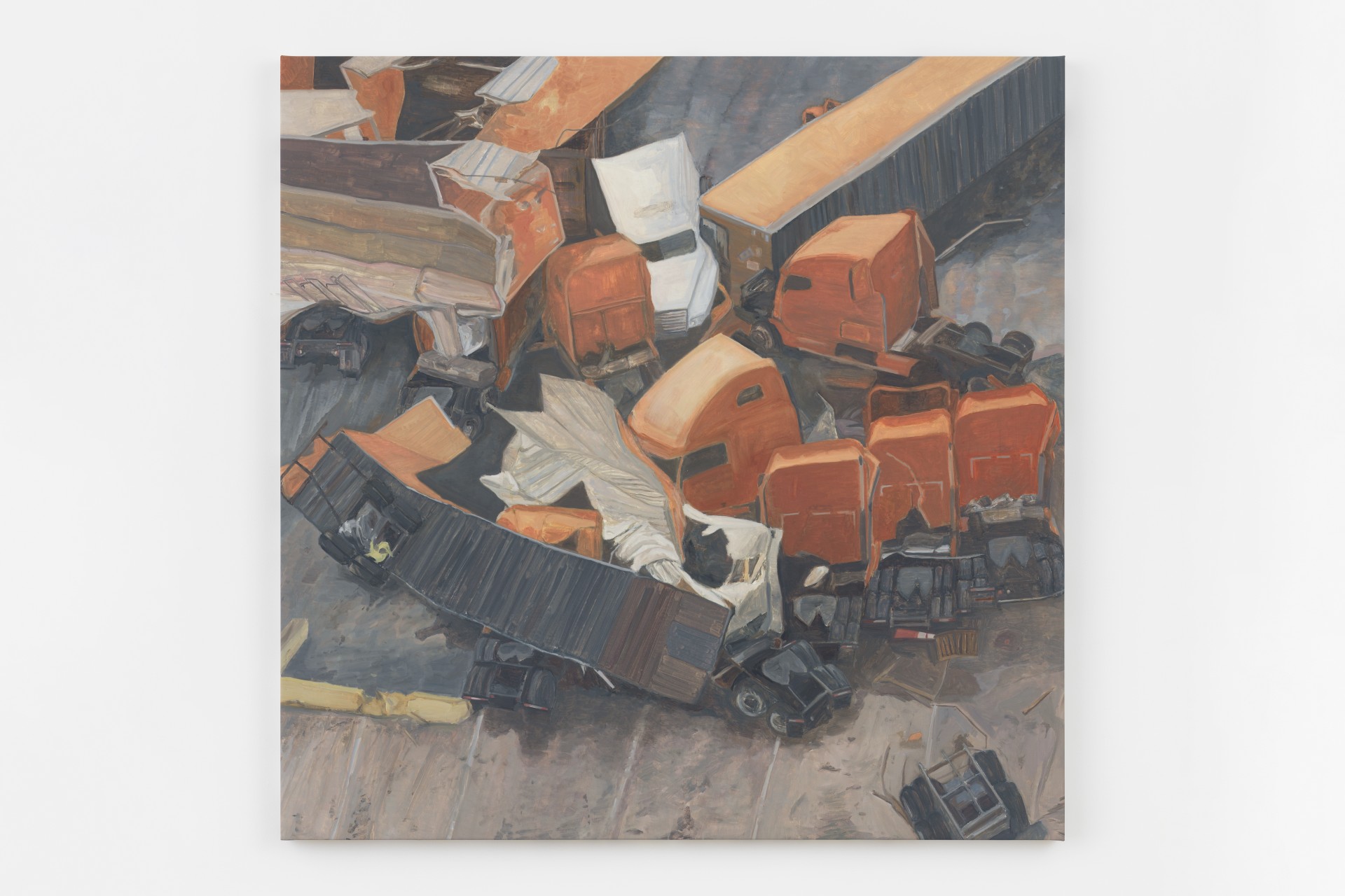 Mouthful of Dirty Copper by Rexy Tseng at Magenta Plains — Rexy Tseng's painting presents a bird's-eye view of a construction or demolition site rendered in muted earth tones.