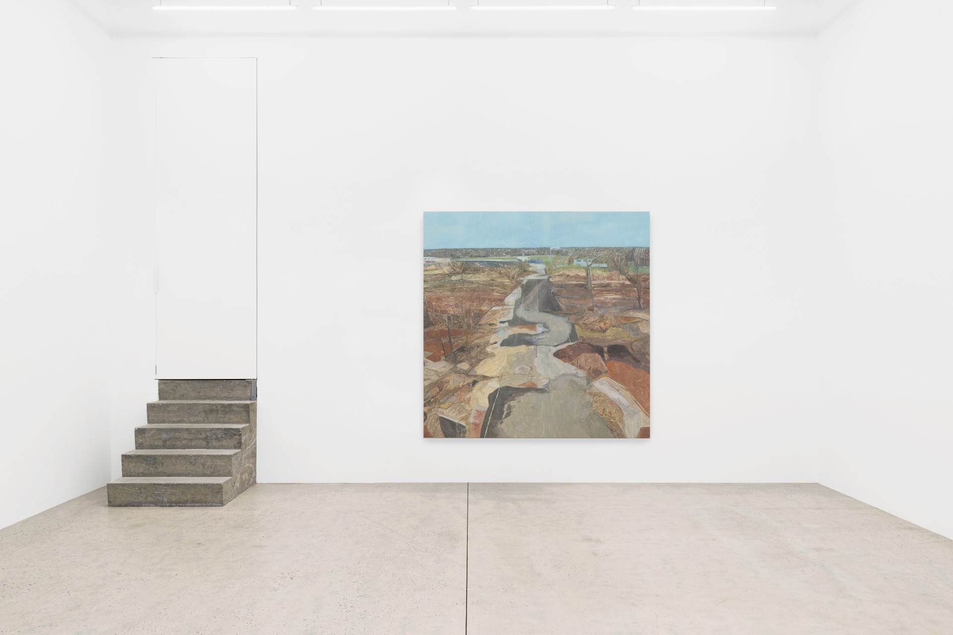 Mouthful of Dirty Copper by Rexy Tseng at Magenta Plains — The gallery installation presents Rexy Tseng's large-scale painting of eroded terrain positioned at eye level on the white wall, depicting an aerial view of...
