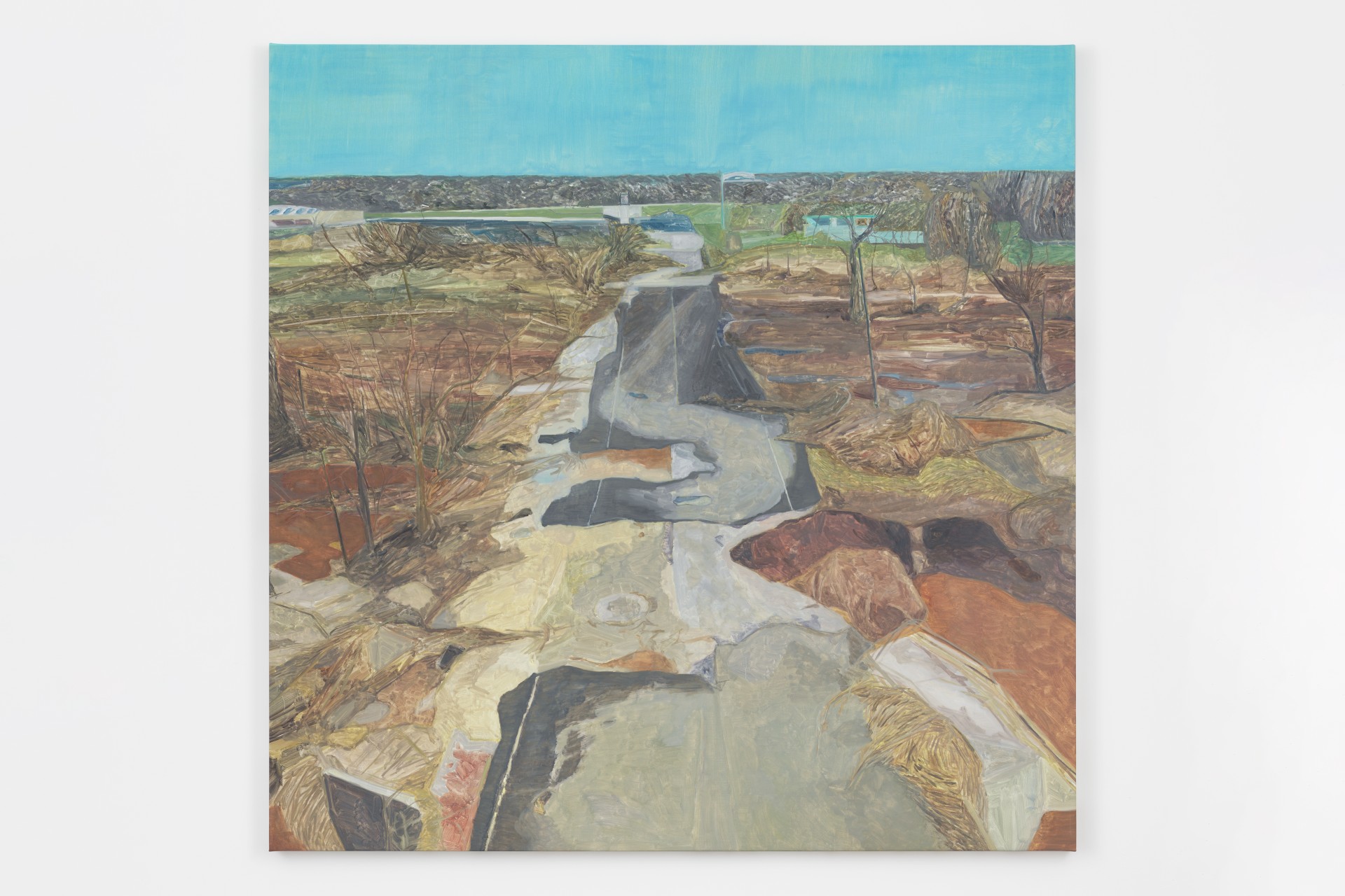 Mouthful of Dirty Copper by Rexy Tseng at Magenta Plains — Rexy Tseng's center canvas presents an aerial view of eroded terrain bisected by a winding concrete channel or culvert.