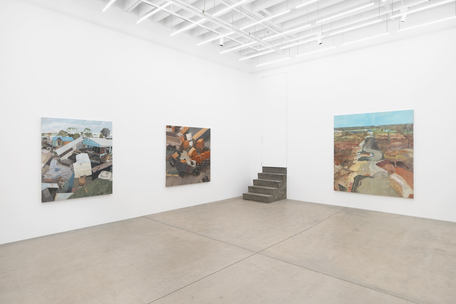 Mouthful of Dirty Copper by Rexy Tseng at Magenta Plains — Rexy Tseng's exhibition occupies a minimalist white gallery with linear ceiling fixtures and polished concrete flooring.