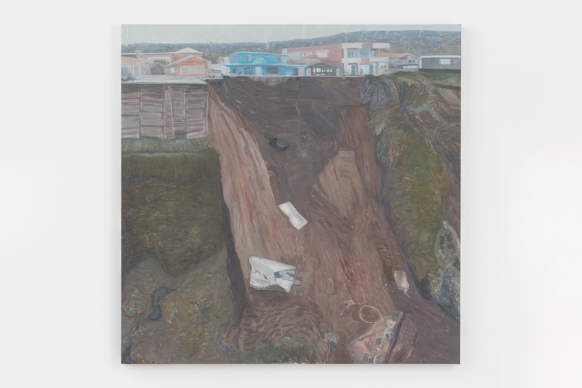 Mouthful of Dirty Copper by Rexy Tseng at Magenta Plains — Tseng's aerial painting depicts a coastal cliff face in reddened sandstone with visible geological stratification and weathering patterns.