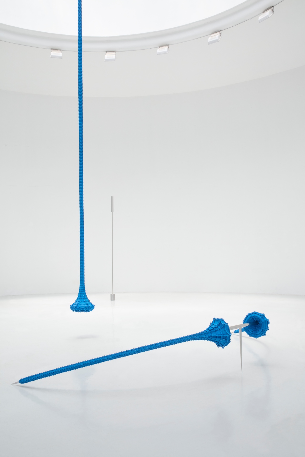 In the Meantime by Matija Cop — A site-specific installation in a circular white gallery space featuring cobalt-blue soft sculptural forms in stark contrast to the architecture's rigid...