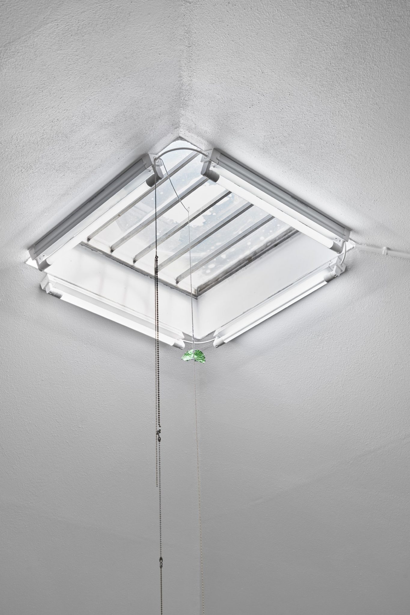 Future Mechanism Rag Plus Two Grams by Nina Canell at Simian — A fluorescent ceiling fixture hangs suspended from a recessed square panel mounted in white plaster ceiling.