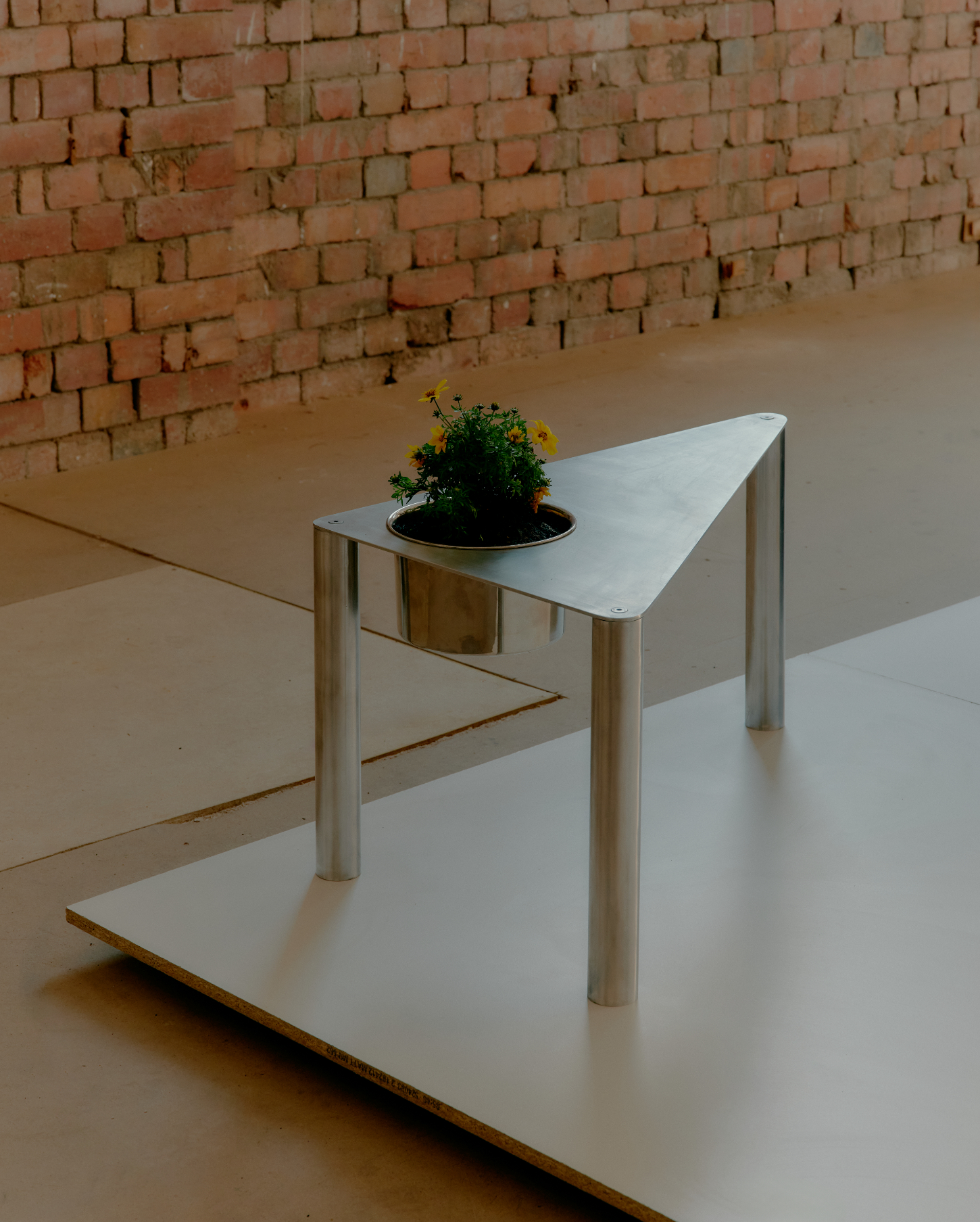 'Call Out' by DO WORKS — A triangular white tabletop mounted on four natural timber legs supports a potted plant with yellow flowers and dark foliage.