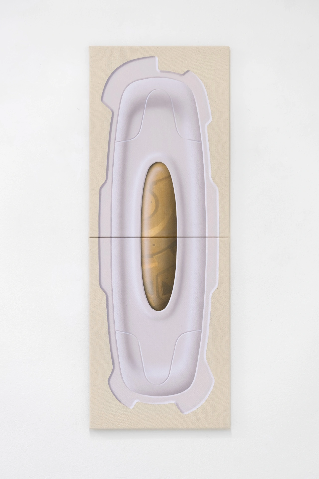 [face_not_recognized] by Milan Vagač — A pale lavender cast form mounted on a cream wooden panel presents an abstracted automobile rendered as a featureless silhouette.