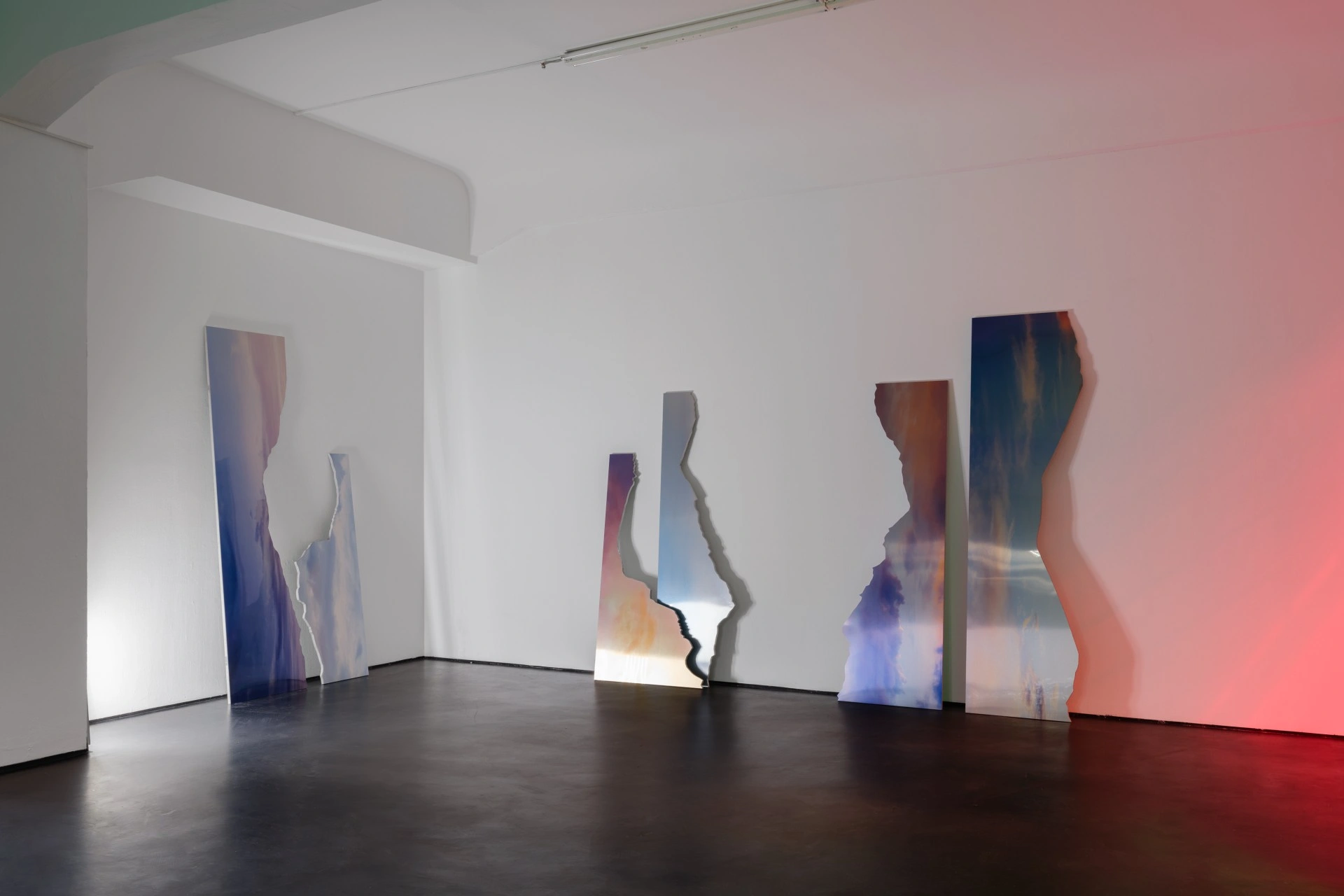 Anima Atman by Troika at Max Goelitz — Five freestanding light-box panels arranged across a dark concrete floor in a white gallery space.