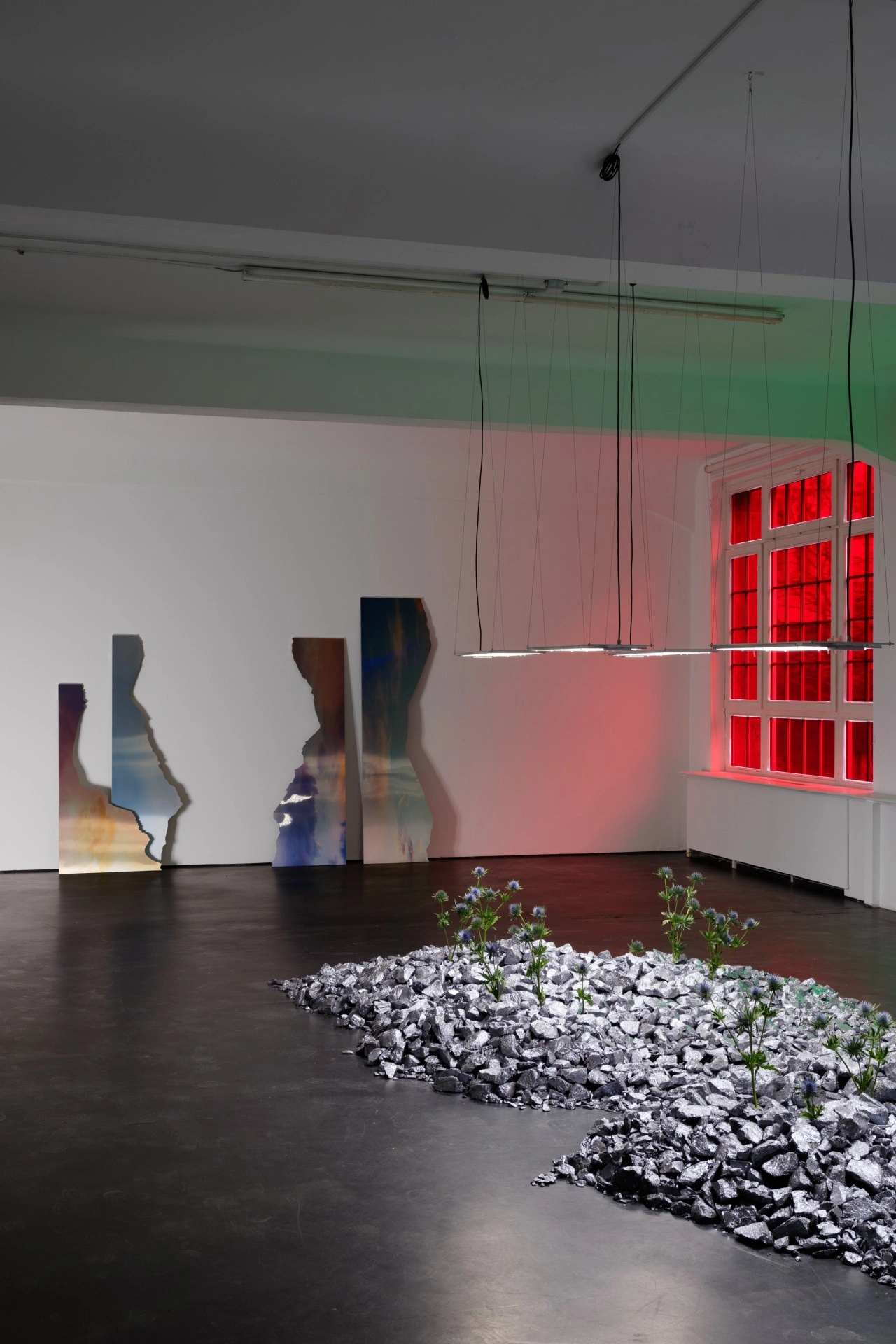 Anima Atman by Troika at Max Goelitz — The gallery floor hosts a sculptural landscape of crushed stone aggregate in pale grey, from which living thistle plants with delicate white flower heads...