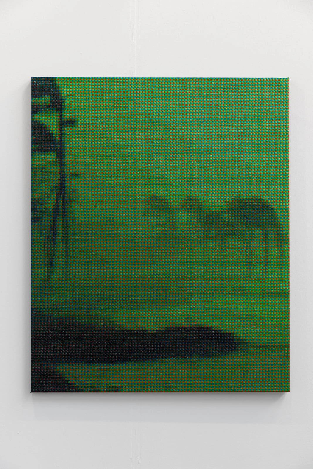 Anima Atman by Troika at Max Goelitz — A pixelated digital image rendered in acid green and black, depicting an interior architectural space.