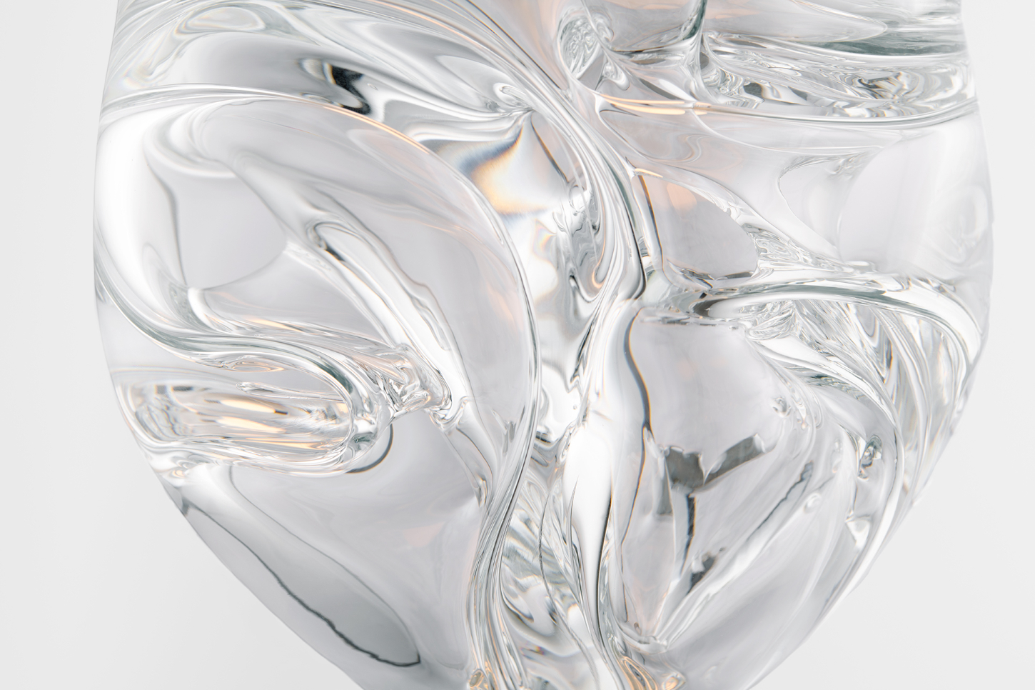 Selected works by Philipp Weber — Close-up detail of hand-blown glass vessel revealing internal fluid dynamics frozen in translucent form.